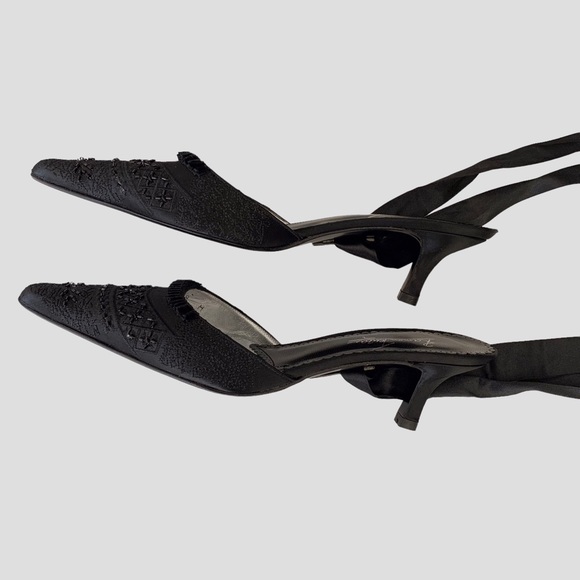 RAMON TENZA BLACK SATIN POINTY TOE KITTEN HEEL SHOE WITH ANKLE RIBBON - Picture 13 of 15